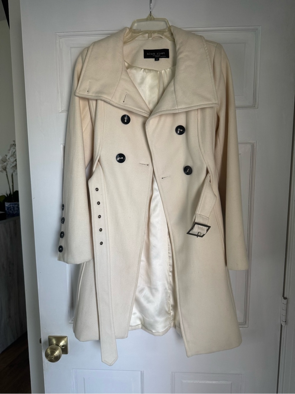 Black Rivet Ivory Trench Coat with Black Buttons XS